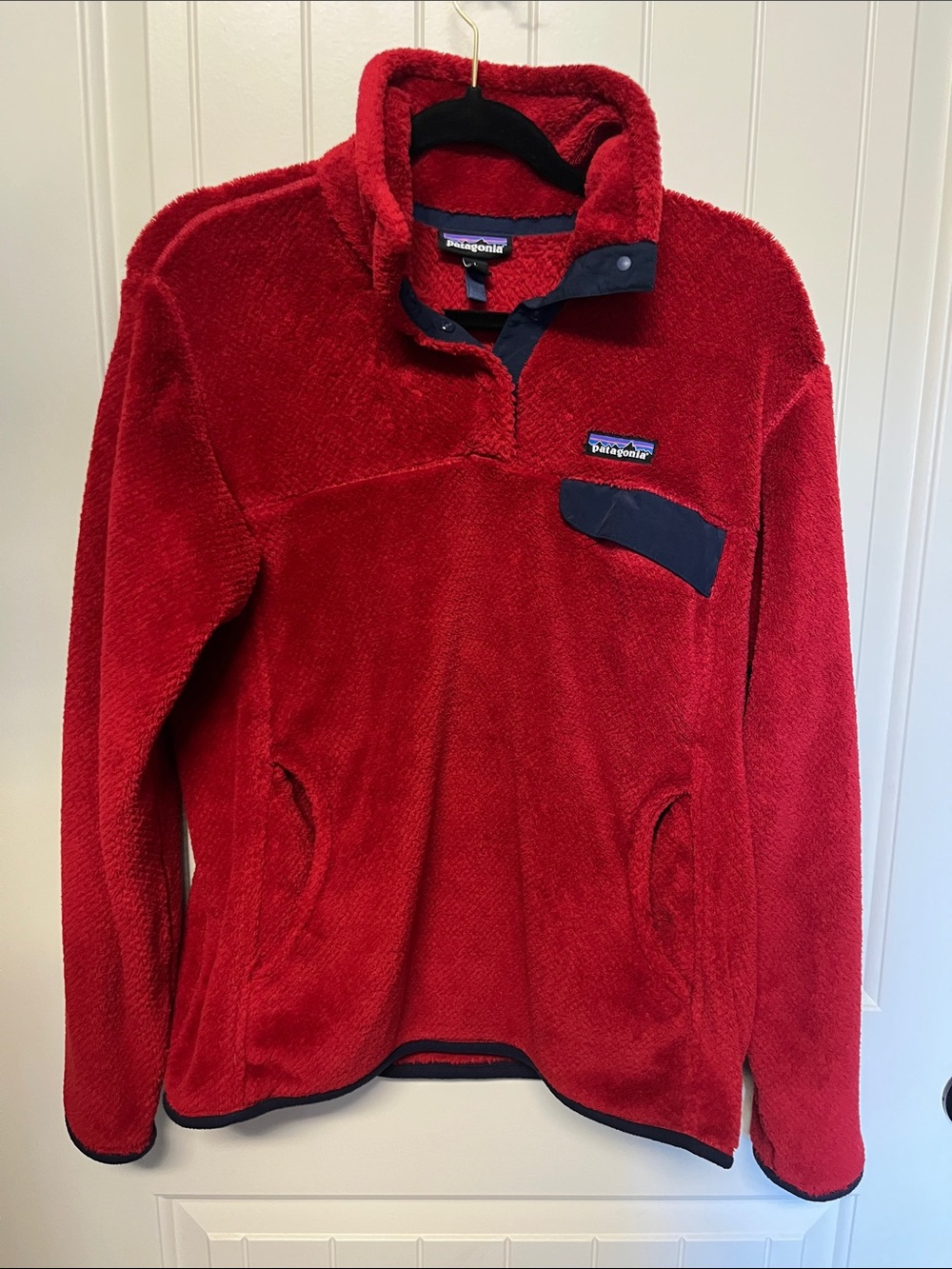 Patagonia Kids Red Snap-Placket Fleece Pullover with Navy Trim